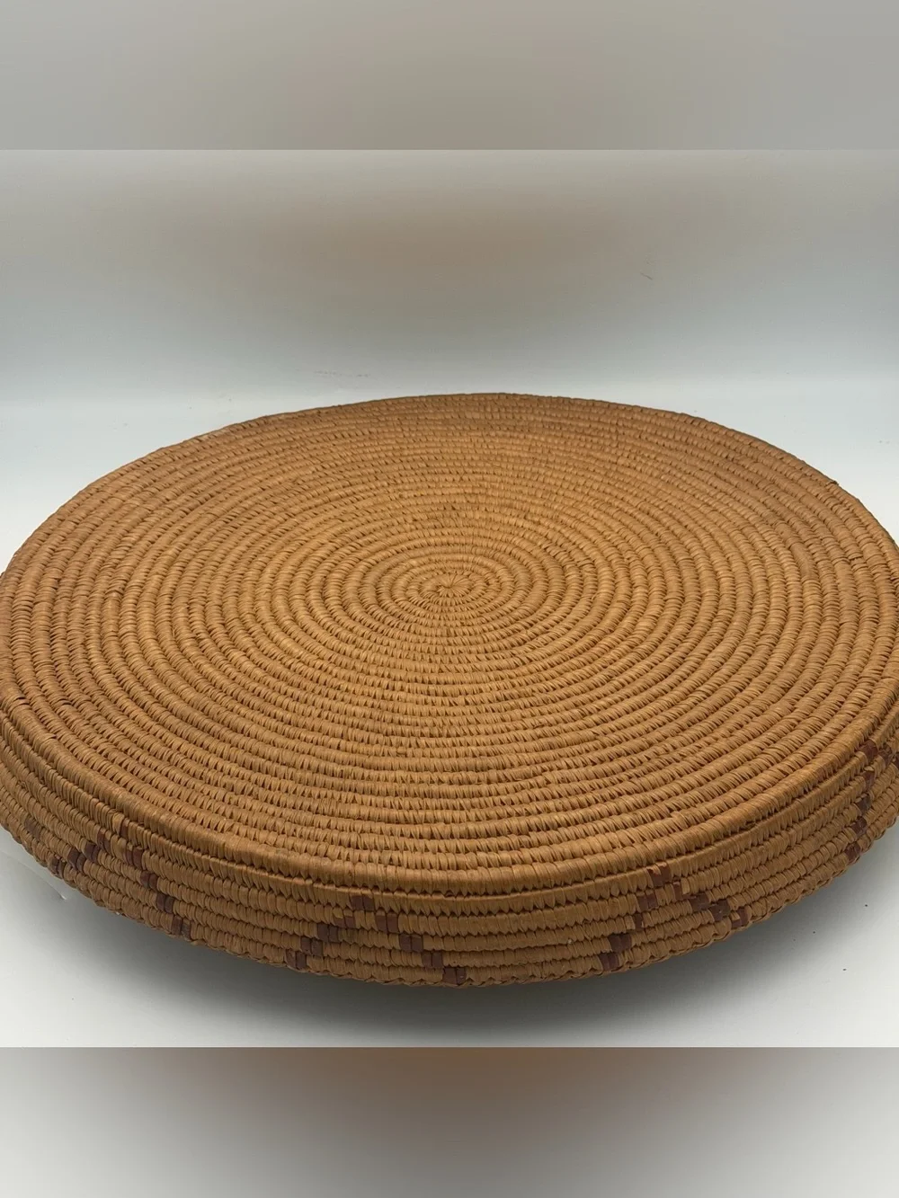 Vintage Hand Coiled Woven Basket Tray With Handles Geometric Boho Decor Brown